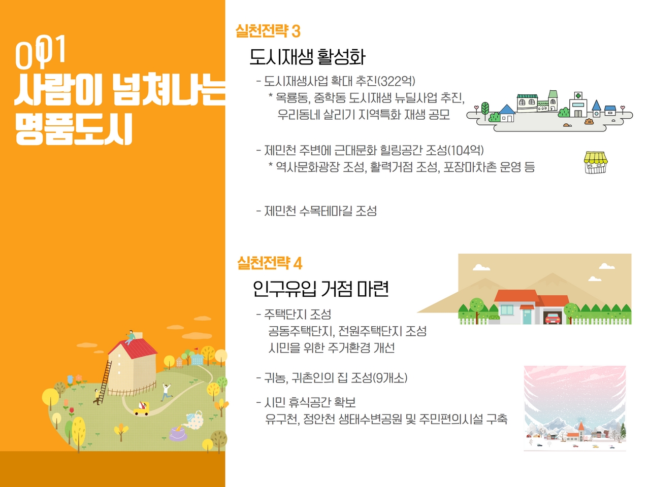 실천전략 3 도시재생 활성화
            - 도시재생사업 확대 추진(322억) *옥룡동, 중학동 도시재생 뉴딜사업 추진, 우리동네 살리기 지역특화 재생 공모
            - 제민천 주변에서 근대문화 힐링공간 조성(104억) *역사문화광장 조성, 활력거점 조성, 포장마차촌 운영 등
            - 제민천 수목테마길 조성
            
            실천전략 4 인구유입 거점 마련
            - 주택단지 조성 공동주택단지, 전원주택단지 조성 시민을 위한 주거환경 개선
            - 귀농, 귀촌인의 집 조성(9개소)
            - 시민 휴식공간 확보 유구천, 정안천 생태수변공원 및 주민편의시설 구축